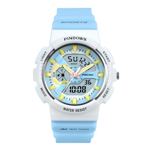 PINDOWSレディース腕時計 アナログデジタル LEDバックライト 50m防水仕様多機能スポーツウォッチ ランニングアウトドアアクティビティに